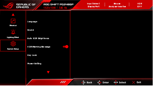 Asus - ROG Swift Pro PG248QP - System Setup (Configuración del sistema) System Setup (Configuración del sistema)