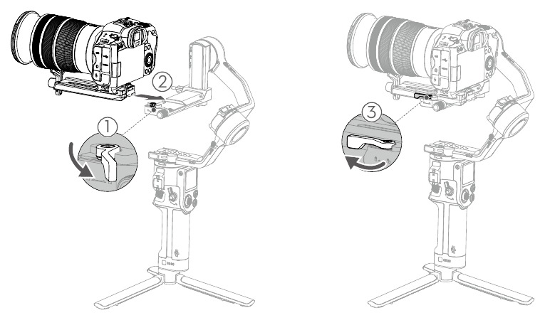 dji - RS 3 - Conecte la cámara al gimbal - Paso 1 Conecte la cámara al gimbal - Paso 1