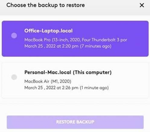 Captura de pantalla de una copia de seguridad de la configuración del dispositivo en Logi Options+ Captura de pantalla de una copia de seguridad de la configuración del dispositivo en Logi Options+