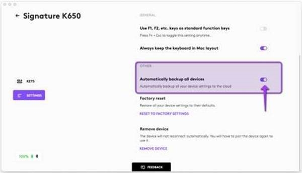 Captura de pantalla del botón Copia de seguridad automática de todos los dispositivos en la pestaña Configuración en Logi Options+ Captura de pantalla del botón Copia de seguridad automática de todos los dispositivos en la pestaña Configuración en Logi Options+