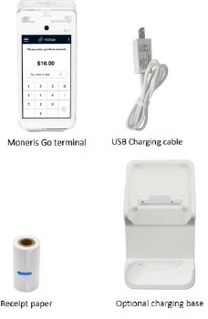 Terminal Moneris Go A920 con cable de carga USB y rollo de papel para recibos