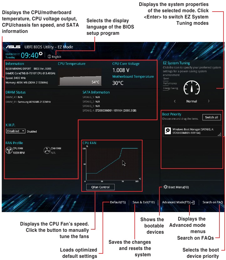 Asus - B250 MINING EXPERT - Información de la BIOS - Pantalla del modo EZ Información de la BIOS: pantalla del modo EZ