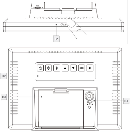 Technoline - WS6462 - Aspecto - Parte B: botón trasero y alimentación Aspecto - Parte B: botón trasero y alimentación