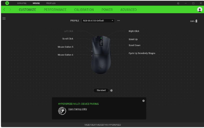 Razer - DEATHADDER V3 HYPERSPEED - PESTAÑA RATÓN - Subpestaña Personalizar PESTAÑA RATÓN - Subpestaña Personalizar
