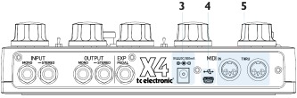 Entrada de alimentaci&oacute;n / Conector USB / Entradas MIDI IN / MIDI THRU