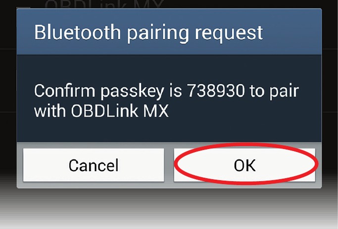 Pulsa 'OK' en el di&aacute;logo 'Bluetooth pairing request' (Solicitud de emparejamiento de Bluetooth) Paso 1