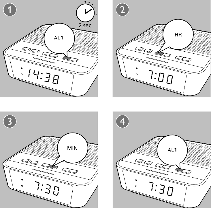 Activar/desactivar el temporizador de alarma - Pasos 1-4