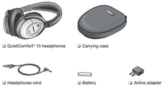 Contenido de la caja de los auriculares Bose QuietComfort 15
