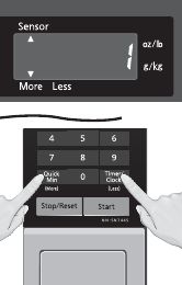 Ilustraci&oacute;n que muestra c&oacute;mo utilizar los botones Quick Min/More y Timer/Clock/Less para ajustar el tiempo de cocci&oacute;n.