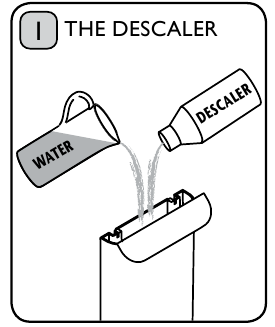 Llene el dep&oacute;sito de agua con la soluci&oacute;n descalcificadora.