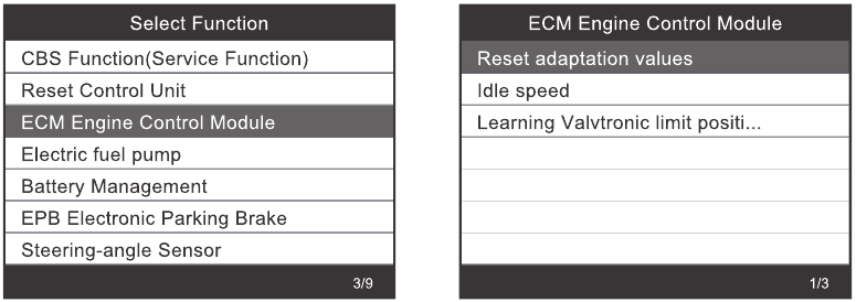 Funciones especiales - Men&uacute; del m&oacute;dulo de control del motor ECM