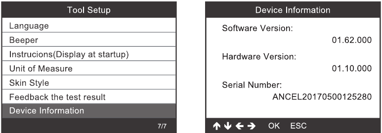 Configuraci&oacute;n de la herramienta - Informaci&oacute;n del dispositivo