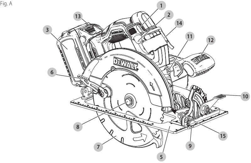 Descripci&oacute;n general de la sierra circular DeWalt DCS573, DCS573B, DCS573T1