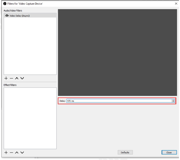 Ingrese 470 ms en Retraso, luego presione Cerrar