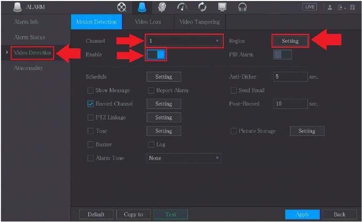 Configuraci&oacute;n de la detecci&oacute;n de movimiento - Paso 1