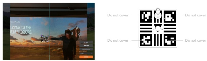 Imagen de la alimentaci&oacute;n de la c&aacute;mara desde TrackMan iO que muestra la pantalla de golpeo con el tablero de calibraci&oacute;n sujetado a la misma.