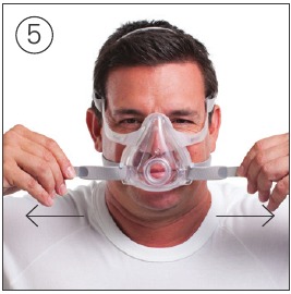 Tirar de las correas uniformemente hasta que la mascarilla quede firme en la barbilla