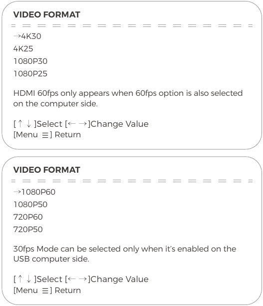 MEN&Uacute; DE VISUALIZACI&Oacute;N EN PANTALLA (OSD) - FORMATO DE V&Iacute;DEO HDMI