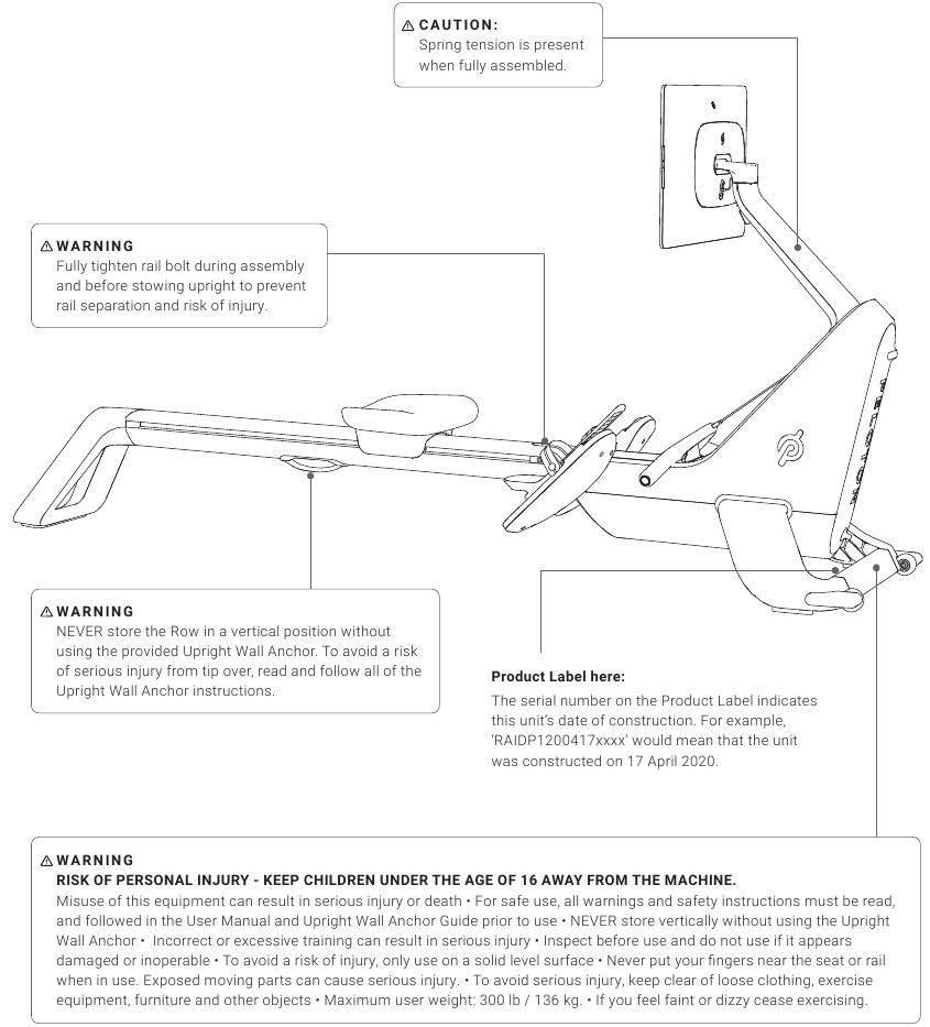 Etiquetas de advertencia en el Peloton Row