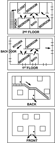 Representaci&oacute;n de un plan de escape con rutas de escape designadas desde cada habitaci&oacute;n, un punto de encuentro exterior y n&uacute;meros de emergencia.