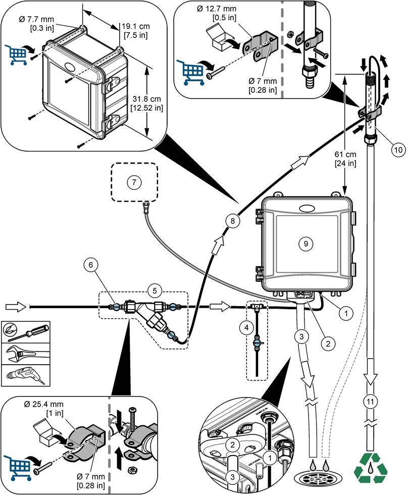 Instalaci&oacute;n con un tubo vertical: 4,5&ndash;10 psi 
