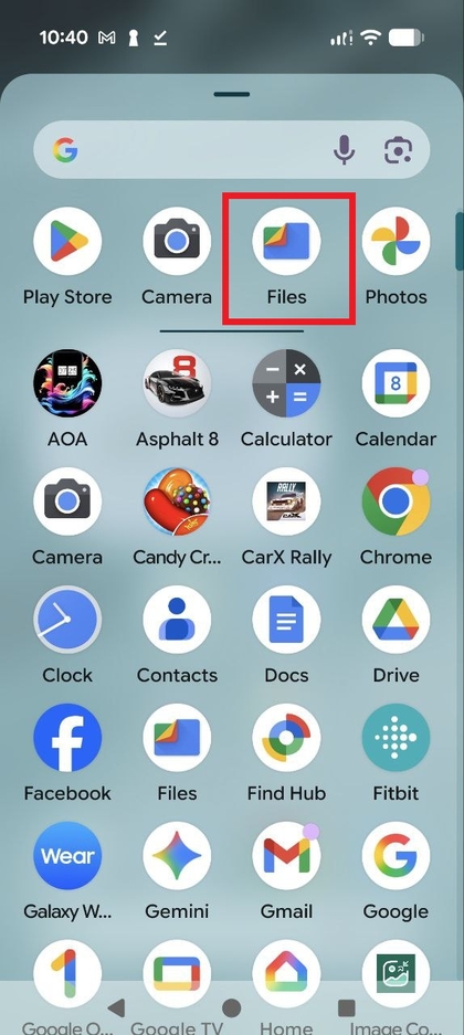 Icono de la aplicaci&oacute;n Google Files en la pantalla del Google Pixel 10 Pro