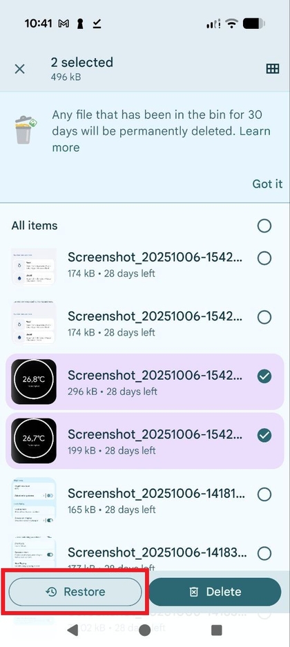 Bot&oacute;n Restaurar en la aplicaci&oacute;n Google Files