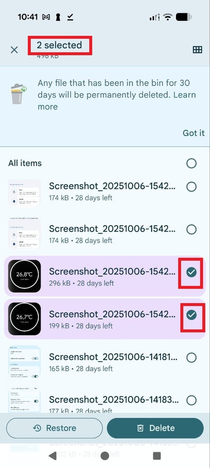Selecciona archivos para restaurar desde la papelera en la aplicaci&oacute;n Google Files