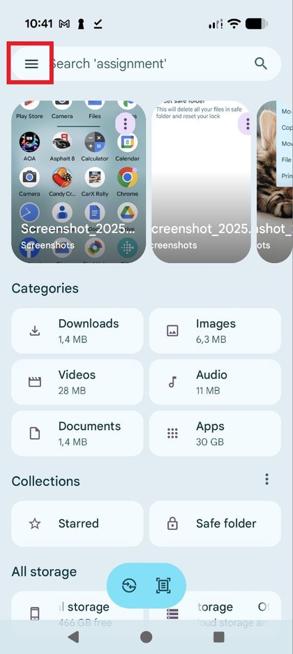 Icono de men&uacute; de tres l&iacute;neas en la aplicaci&oacute;n Google Files