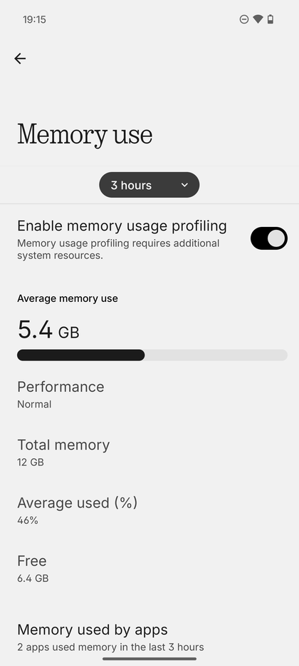 La pantalla de uso detallado de la memoria que muestra las estad&iacute;sticas de la RAM total, media y libre.