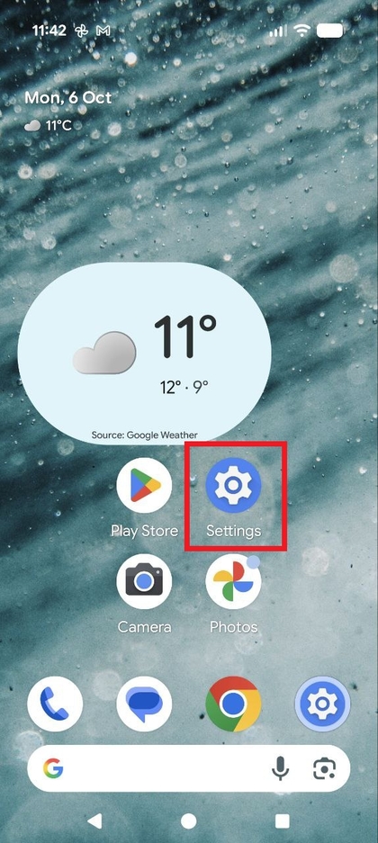 Pantalla de inicio del Pixel 10 Pro con el icono de Ajustes.