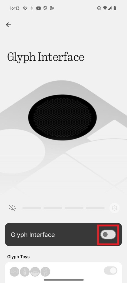 Captura de pantalla del men&uacute; Glyph Interface que muestra el interruptor principal.