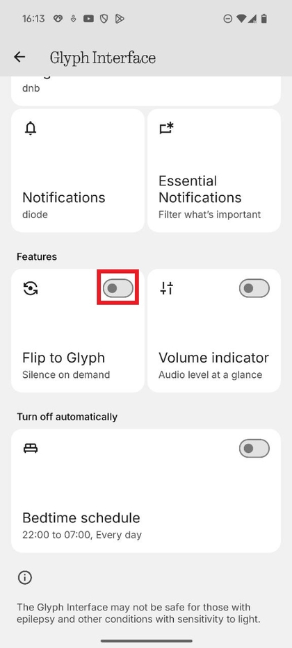 Captura de pantalla que muestra el interruptor de la funci&oacute;n Flip to Glyph.