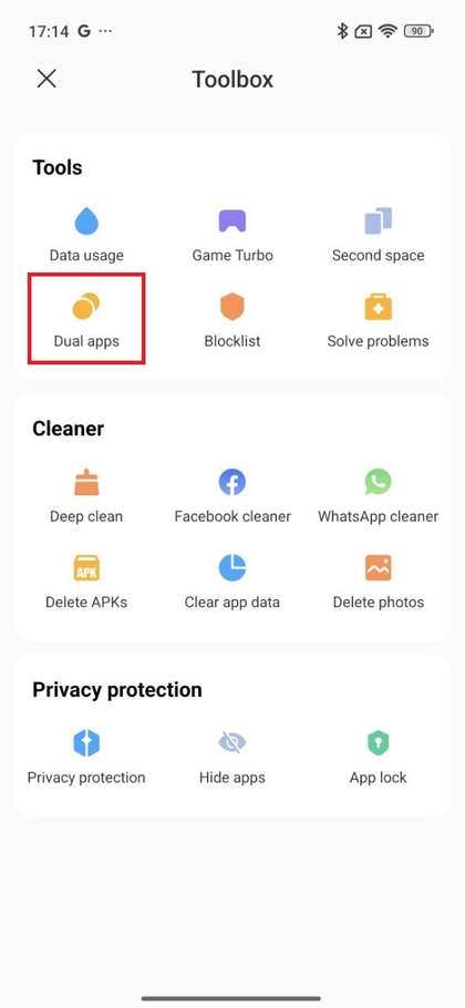 Men&uacute; de Aplicaciones Duales en la aplicaci&oacute;n Seguridad de Xiaomi