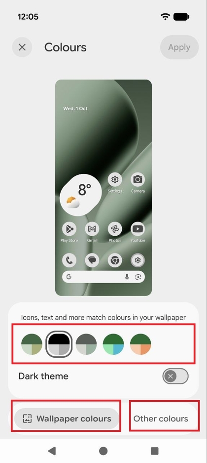 Captura de pantalla del men&uacute; de opciones de color que muestra diferentes opciones de paleta Colores del fondo de pantalla y una selecci&oacute;n de Otros colores.