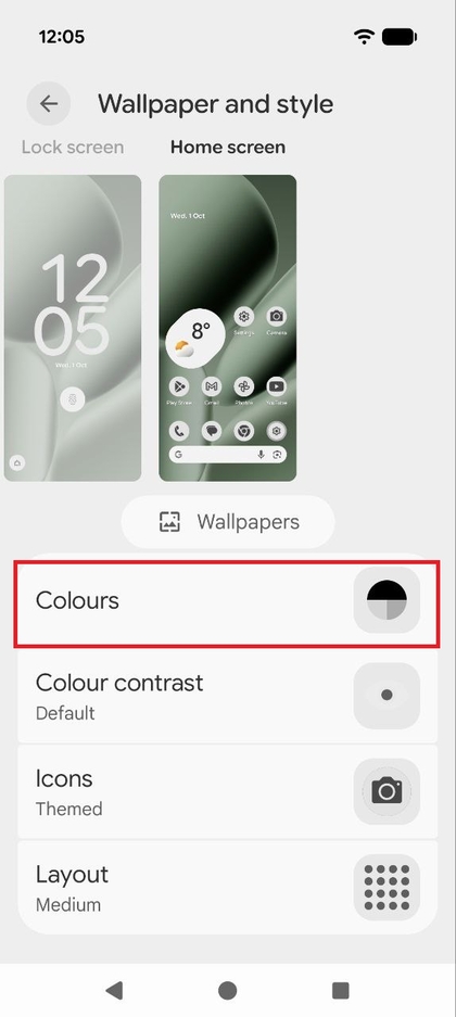 Captura de pantalla del men&uacute; de personalizaci&oacute;n de la pantalla de inicio que muestra la opci&oacute;n Colores resaltada.