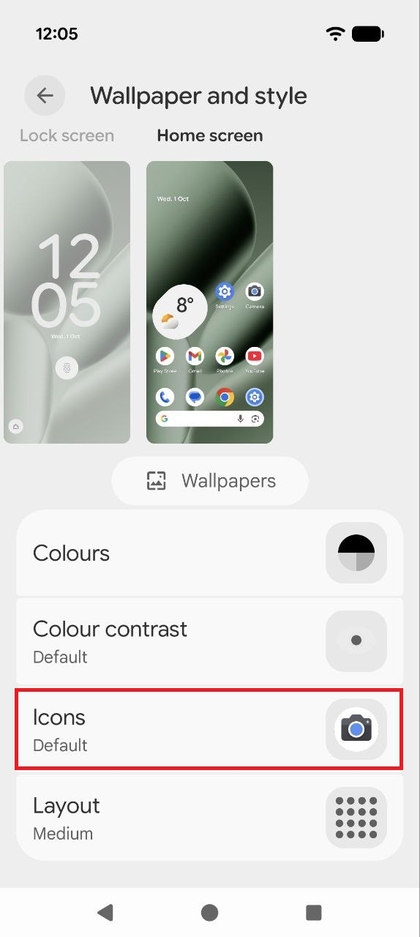 Captura de pantalla del men&uacute; de personalizaci&oacute;n de la pantalla de inicio que muestra la opci&oacute;n Iconos resaltada.