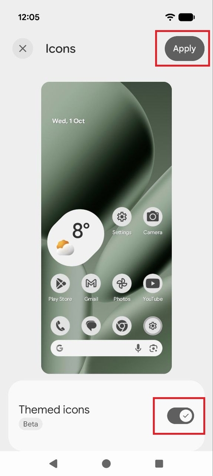 Captura de pantalla del men&uacute; Iconos con el interruptor de alternancia Iconos tem&aacute;ticos habilitado y el bot&oacute;n Aplicar resaltado.