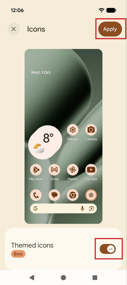 Captura de pantalla de la opci&oacute;n Iconos tem&aacute;ticos habilitada con el bot&oacute;n Aplicar resaltado, que muestra el nuevo color aplicado a los iconos de vista previa.