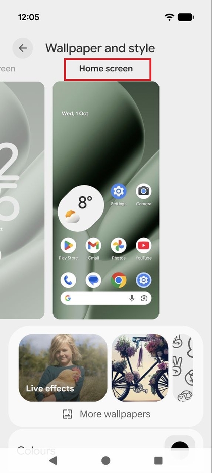 Captura de pantalla del men&uacute; Fondo de pantalla y estilo con la opci&oacute;n Pantalla de inicio resaltada.