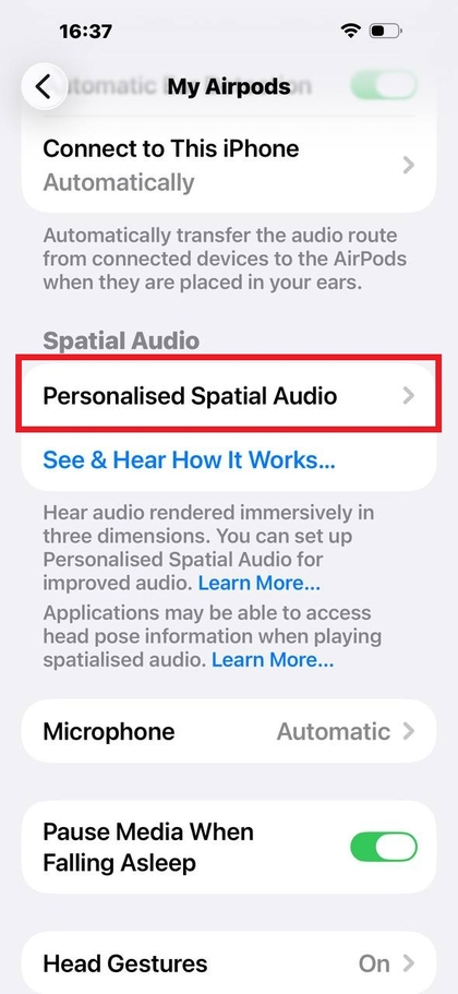 Opci&oacute;n para personalizar el audio espacial