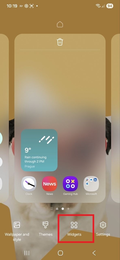 Acceder a la opci&oacute;n de widgets en el modo de edici&oacute;n