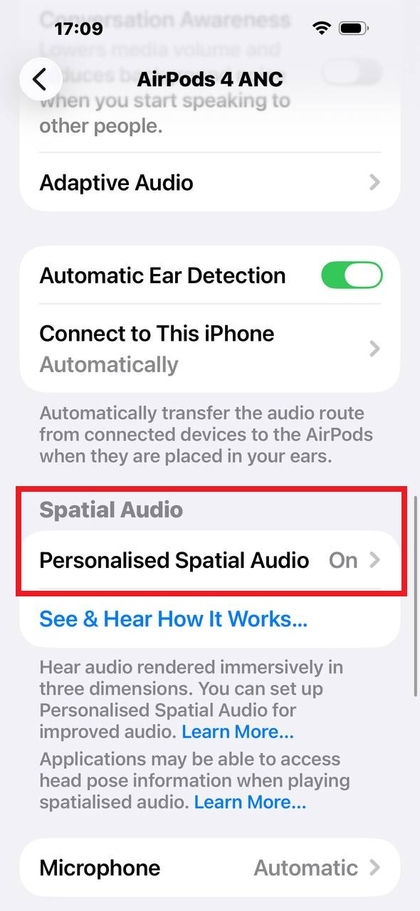 Ajustes de audio espacial de Apple AirPods 4