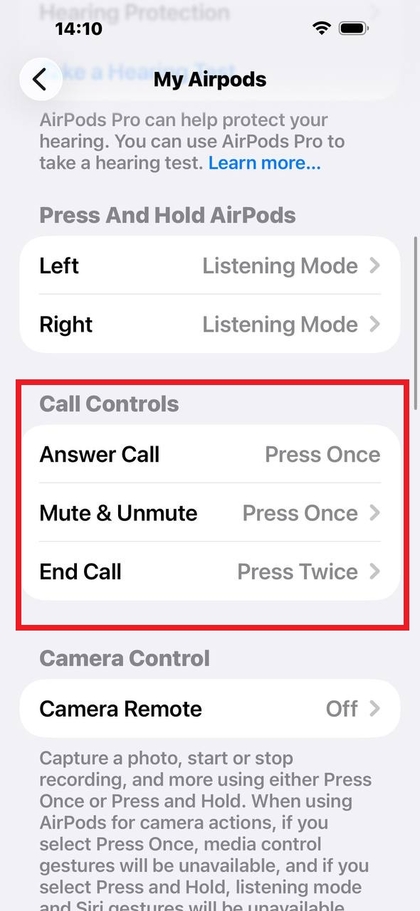 Configuraci&oacute;n de control de llamadas para AirPods
