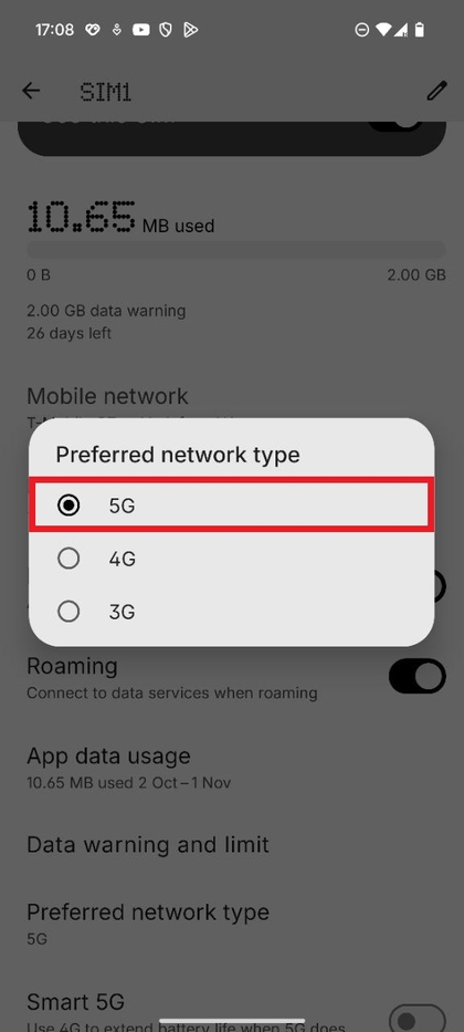 Captura de pantalla de la lista de selecci&oacute;n de tipo de red con 5G resaltado.