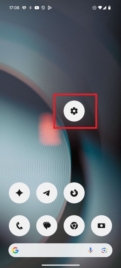 Captura de pantalla que muestra el icono de Ajustes con forma de engranaje en la pantalla de inicio del Nothing Phone (3).