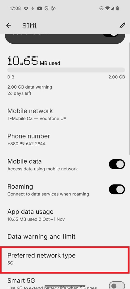 Captura de pantalla que muestra la opci&oacute;n 'Tipo de red preferido' dentro de los ajustes de la SIM.