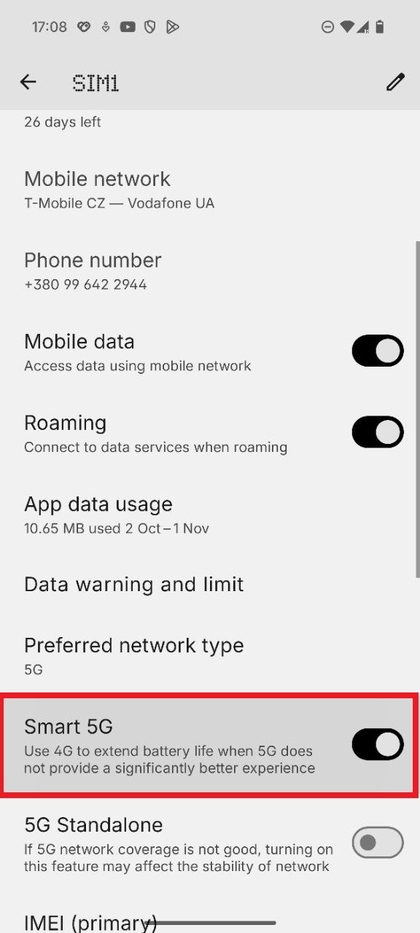 Captura de pantalla que muestra el interruptor de palanca para la funci&oacute;n Smart 5G.