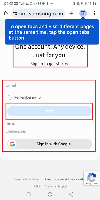 P&aacute;gina de inicio de sesi&oacute;n de la cuenta de Samsung