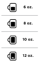 Gr&aacute;fico de tama&ntilde;os de taza, vaina, taza, viaje, medio vaso, vaso lleno, 1/4 de jarra, 1/2 jarra, 3/4 de jarra, jarra